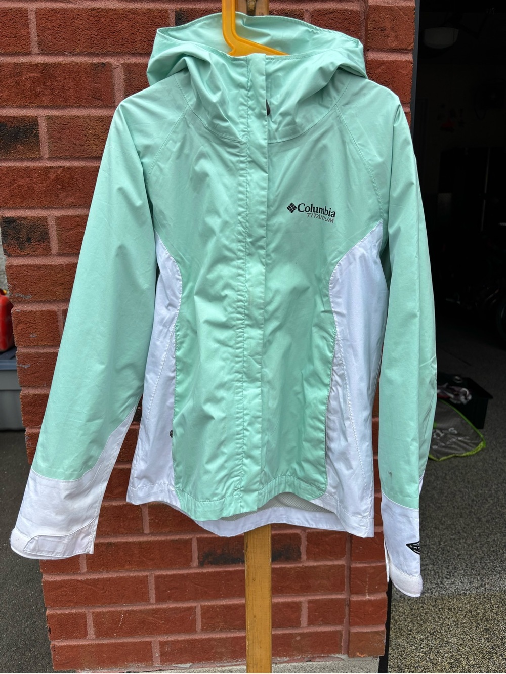 Columbia Mint Green and White Hooded Rain Shell